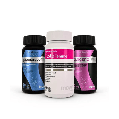 Imagem do produto Kit Ácido Hialurônico Peptídeos De Colágeno Verisol 30 Cáps + Vitaminas E Minerais 60 Testofemme Inove Nutrition