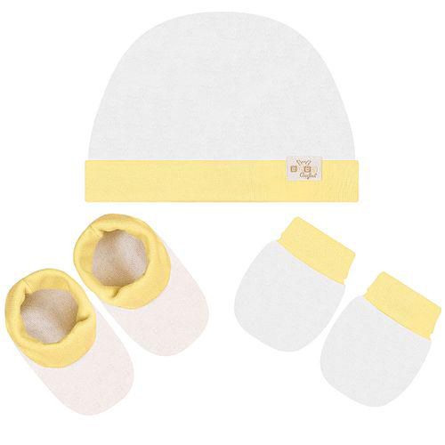 Imagem do produto Kit C/ Touca, Luva E Sapatinho Para Bebê Em Suedine Branco/Amarelo Anjos Baby