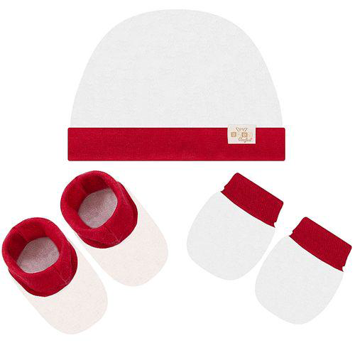 Imagem do produto Kit C/ Touca, Luva E Sapatinho Para Bebê Em Suedine Branco/Vermelho Anjos Baby