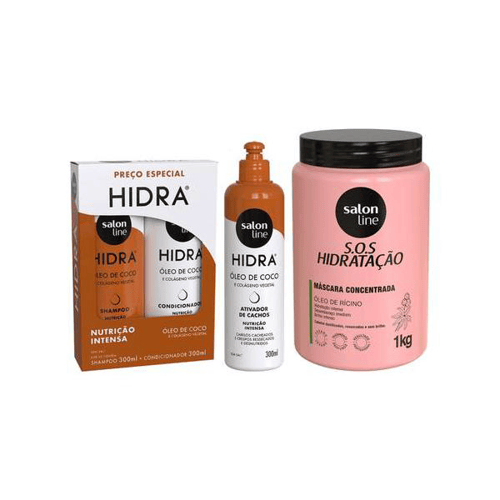 Imagem do produto Kit Com Shampoo, Condicionador, Ativador De Cachos Hidra Coco + Máscara Sos Hidratação Turbinada Salon Line
