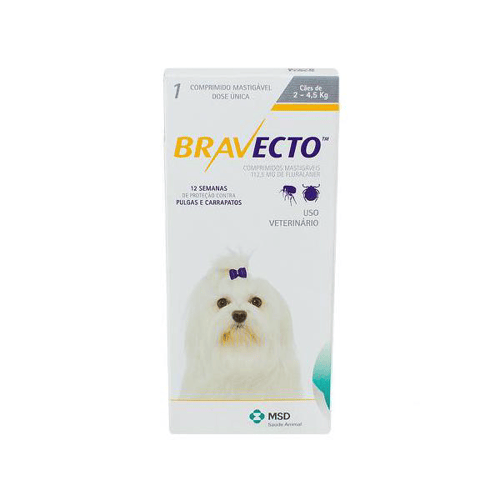 Bravecto Contra Pulgas E Carrapatos Para Cães Entre 2 E 4,5Kg Com 1 Comprimido Mastigável