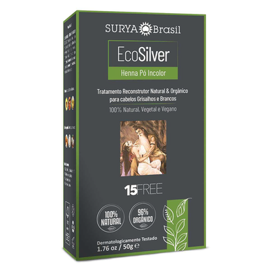 Imagem do produto Henna Pó Incolor Ecosilver Surya Brasil Cabelos Grisalhos E Brancos Com 50G