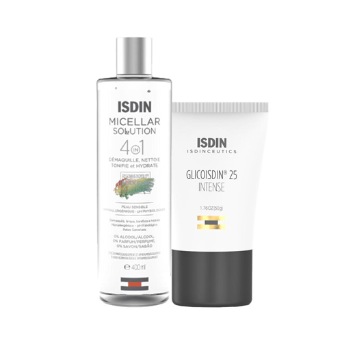 Imagem do produto Kit Isdin Facial Água Micelar 4 Em 1 Solution 400Ml E Gel Esfoliante Com Ácido Glicólico Noturno 50G