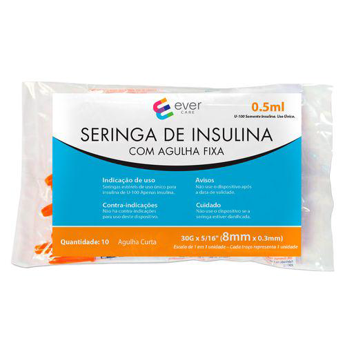 Kit Seringa De Insulina Ever Care 0,5Ml 8Mm 10 Unidades 3 Pacotes