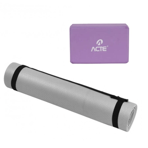 Imagem do produto Kit Tapete Yoga Mat 170Cm T10nc Cinza + Bloco Para Exercícios Roxo Acte Sports