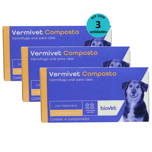 Imagem do produto Kit Vermífugo Vermivet Composto Biovet 600Mg C/ 4 Comprimidos C/ 3 Unidades
