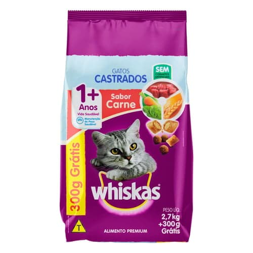 Imagem do produto Ração Para Gatos Castrados Whiskas Adultos 1+ Anos Sabor Carne 2,7Kg Ganhe 300G