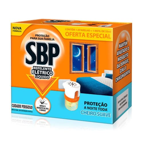 Repelente Elétrico Líquido SBP 45 Noites Cheiro Suave Com 1 Aparelho + 1 Refil De 35Ml Oferta Especial