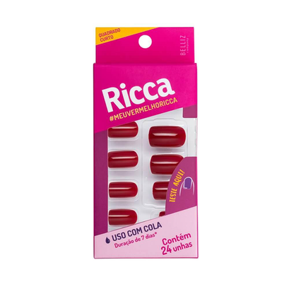 Imagem do produto Ricca Unhas Postiças Vermelho Bordo Sem Cola Com 24