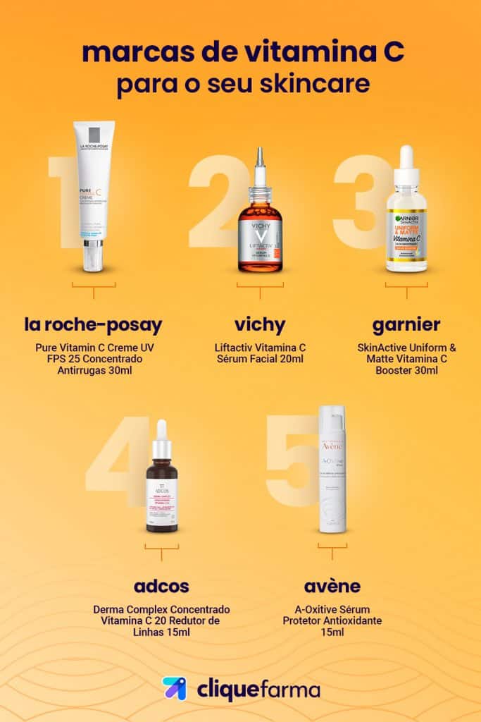 marcas de vitamina C para o seu skincare: La roche-posay, Vichy, Garnier, Adcos e Avène
