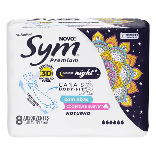 Absorvente Sym Premium Good Night Cobertura Suave Com Abas Noturno 8 Unidades