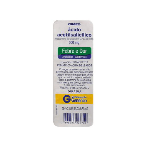 Imagem do produto Ácido Acetilsalicilico 500Mg Cimed 10 Comprimidos