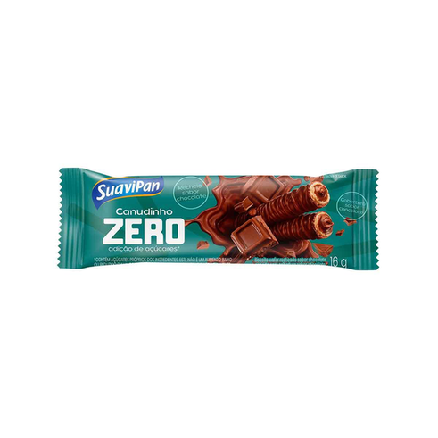 Biscoito Wafer Canudinho Zero Açúcar Suavipan Chocolate Com Recheio De Chocolate 16G 16G
