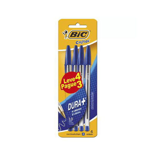 Caneta Bic Cristal Azul Dura+ Com 4 Unidades