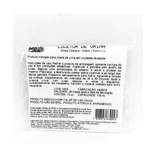 Imagem do produto Coletor De Urina Infantil Feminino 100Ml 1 Unidade