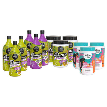 Imagem do produto Combo Familia Kit Sos Hidratação Ultra Cachos E Creme Para Pentear Definição Máxima 1Kg Salon Line