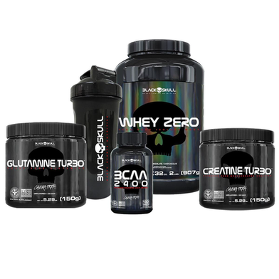 Combo Whey Zero + Bcaa + Glutamina + Creatina + Shaker Black Skull