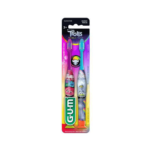 Escova Dental Infantil Gum Trolls 3+ Suave Macia Manual Cores E Personagens Sortidos Com 2 Unidades