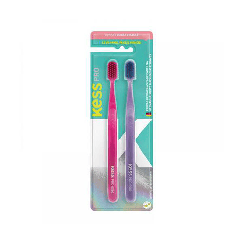 Escova Dental Kess Pro Extra Macia Cores Sortidas 2 Unidades + Capa Protetora