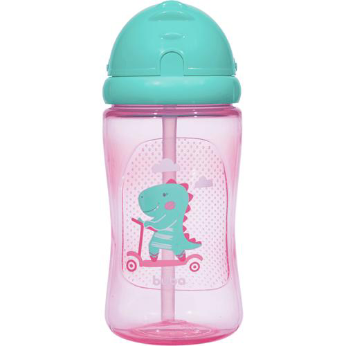 Garrafinha Copo Infantil Com Canudo Dino 400Ml Rosa Buba