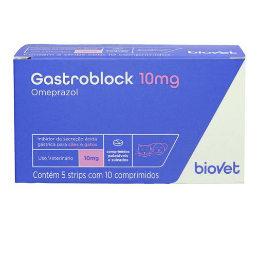 Imagem do produto Gastroblock Omeprazol P/ Cães E Gatos 10Mg Cx C/ 5 Strips C/ 10 Comp. Cada Biovet