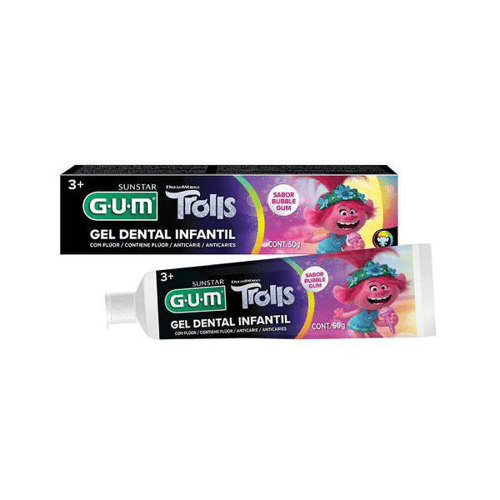 Gel Dental Infantil Gum Trolls 3+ Com Flúor Sabor Tutti Frutti 50G