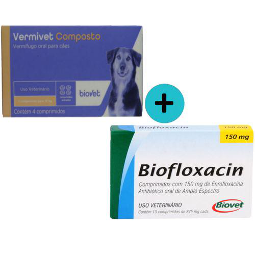 Kit 1 Vermivet Composto Biovet 600Mg C/ 4 Comprimidos+1 Biofloxacin Biovet 150Mg C/ 10 Comprimidos