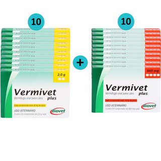 Kit 10 Vermífugo Vermivet Plus 2G C/ 2 Comp.+ 10 Vermivet Plus Biovet 660Mg C/ 4 Comp. Biovet