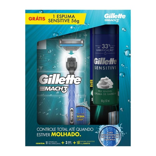 Imagem do produto Kit Aparelho De Barbear Gillette Mach3 Acqua Regular Com 3 Cargas + Espuma De Barbear 1 Unidade