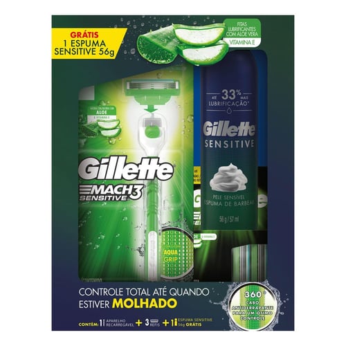 Kit Aparelho De Barbear Gillette Mach3 Acqua Sensitive Com 3 Cargas + Espuma De Barbear 1 Unidade