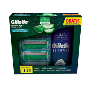 Kit Carga Para Aparelho De Barbear Gillette Mach3 Sensitive Com 4 Unidades + Mini Espuma 1 Unidade