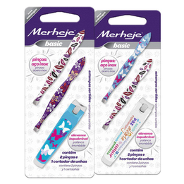 Kit Com 2 Pinças Depilatórias Decoradas Com Ponta Reta Merheje Basic + 1 Cortador De Unhas Merheje Basic
