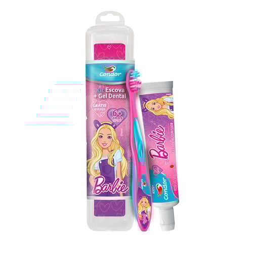 Kit Escova + Gel Dental Condor Kids Barbie Com Flúor Morango 50G E Ganhe Estojo Protetor