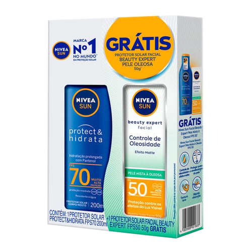 Kit Nivea Sun Protetor Solar Protect & Hidrata Fps 70 Com 200Ml + Facial Beauty Expert Pele Oleosa 50 50G 1 Unidade