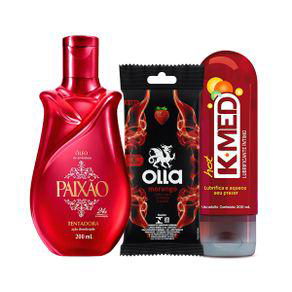 Imagem do produto Kit Prazer Paixão Óleo Corporal De Amêndoas Tentadora 200Ml + Kmed Hot Gel Lubrificante Íntimo 200G + Olla Preservativo Morango Com 6 Unidades