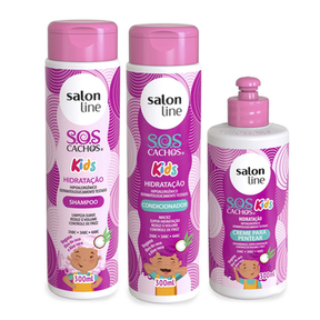 Kit Shampoo + Condicionador + Creme Para Pentear 300Ml Sos Cachos Kids Hidratação Salon Line