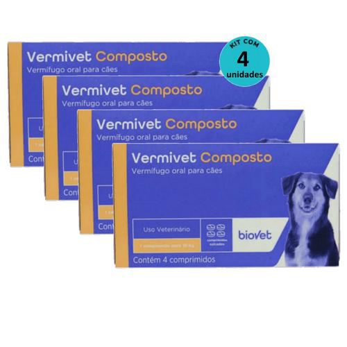 Kit Vermífugo Vermivet Composto Biovet 600Mg C/ 4 Comprimidos C/ 4 Unidades