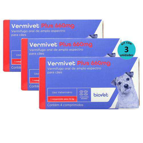 Imagem do produto Kit Vermífugo Vermivet Plus Biovet 660Mg C/ 4 Comprimidos C/ 3 Unidades