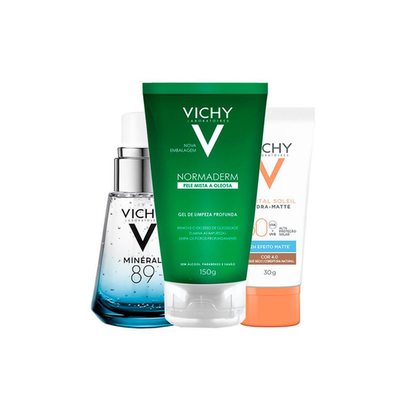 Kit Vichy Facial Gel De Limpeza Profunda E Protetor Solar Fps 50 Cor 4.0 E Sérum Hidratante