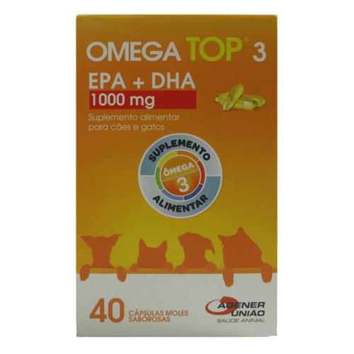 Omega Top 3 Epa + Dha 1000Mg Suplem. Alimentar C/ 40 Cápsulas Moles Saborosas P/ Cães E Gatos