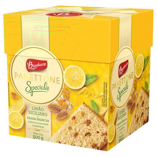 Imagem do produto Panettone Bauducco Speciale Limão Siciliano E Passas Brancas Cobertura Açucarada E Amêndoas 500G