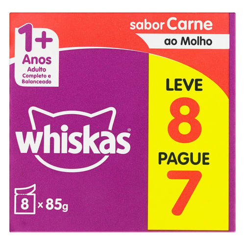 Ração Para Gatos Adultos Whiskas 1+ Anos Sabor Carne Ao Molho Unidades De 85G Cada