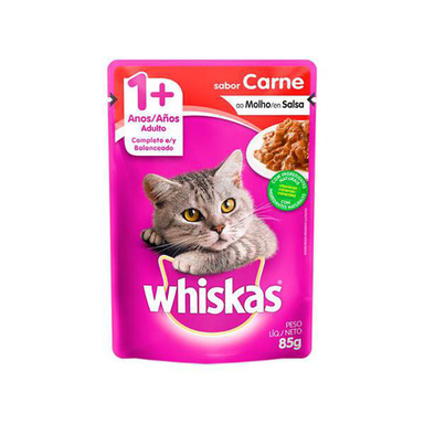 Ração Úmida Para Gatos Whiskas Adulto 1+ Anos Sabor Carne Ao Molho Em Sachê 85G