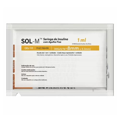 Seringa Insulina 1Ml 30G*80,30X8mmsolm 10X10 Unidades