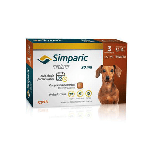 Simparic Antipulgas Para Cães De 5,1 A 10Kg 20Mg Cx Com 3 Compr